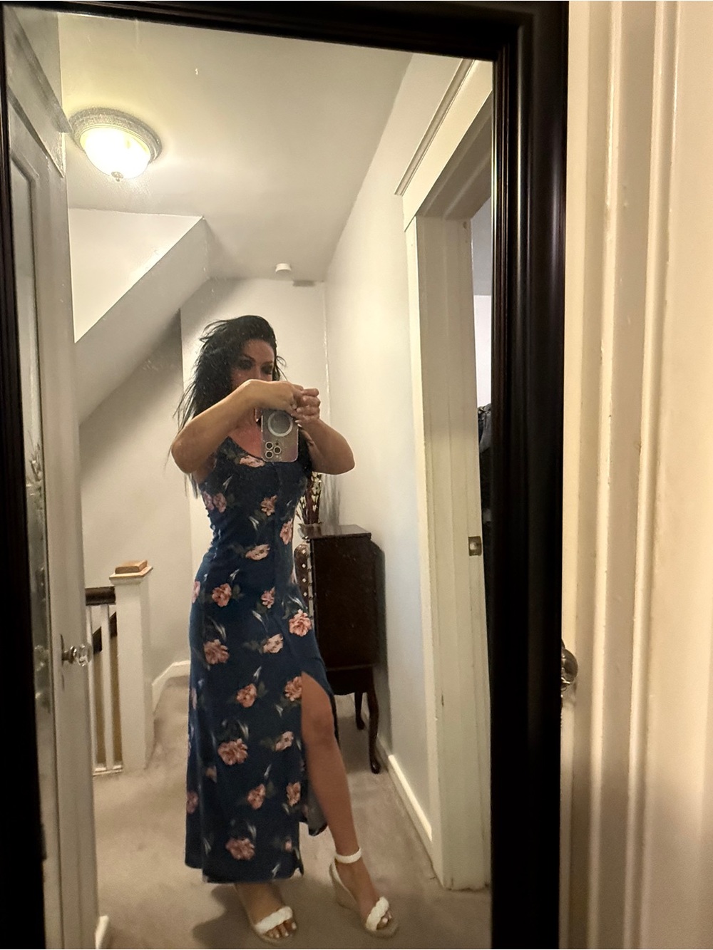 Derek Heart Navy Floral Maxi Dress with Buttons Down Front